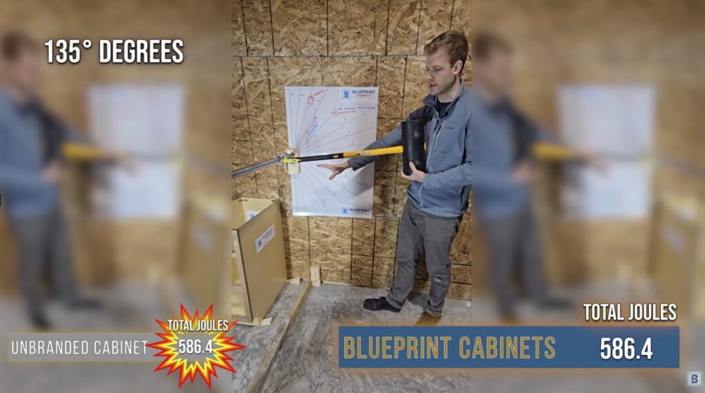 BluePrint plywood cabinet undamaged at 135 degrees, the angle that destroyed the particleboard cabinet