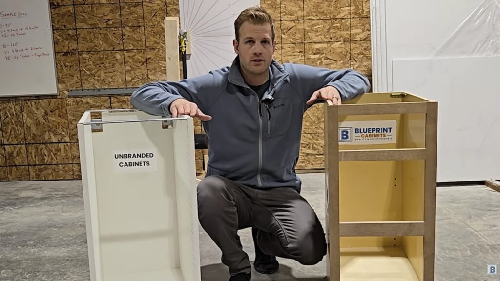 Particleboard cabinet and BluePrint plywood cabinet side by side before testing