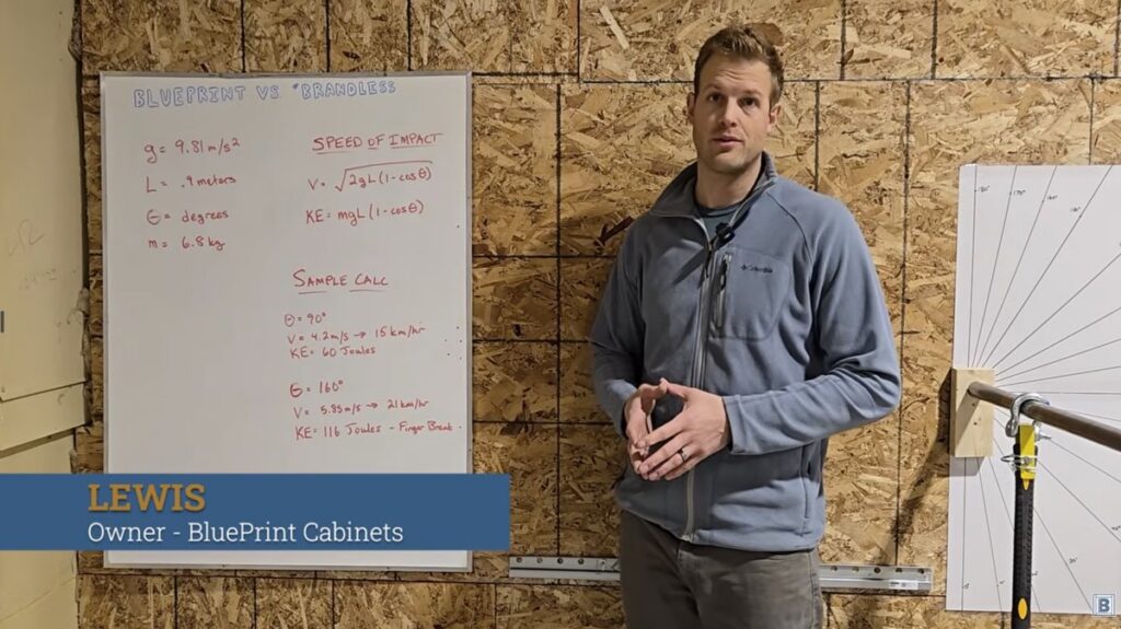 Whiteboard showing the impact velocity and kinetic energy formulas used in the test