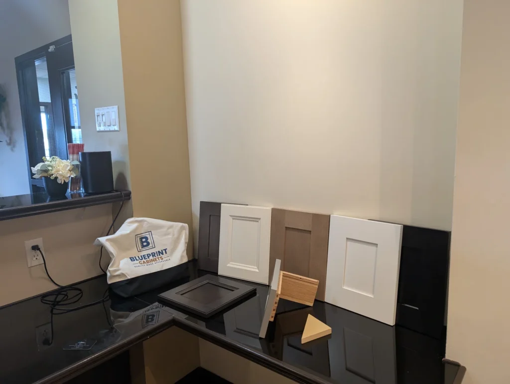 Kitchen cabinet door samples, colours and dovetail drawer sample at the BluePrint Cabinets Moncton showroom