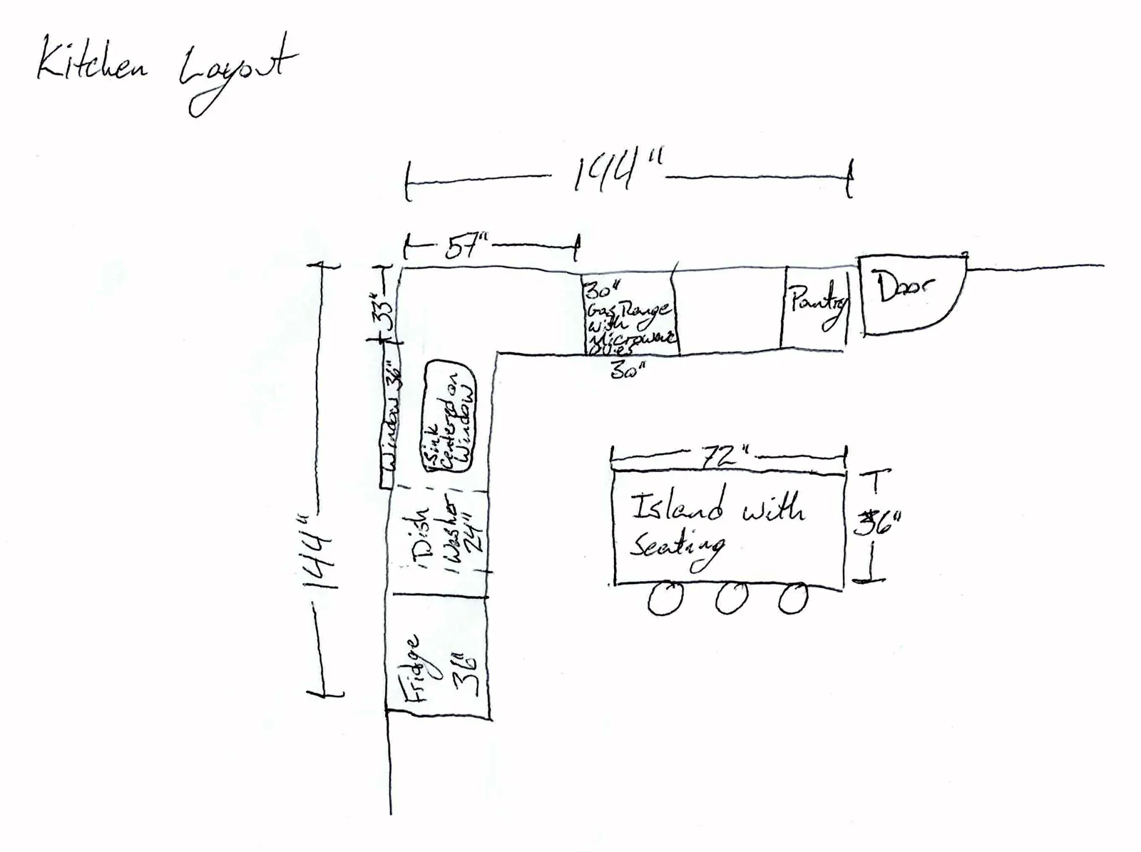 Hand-drawn customer kitchen measurement sketch: L-shaped kitchen with island