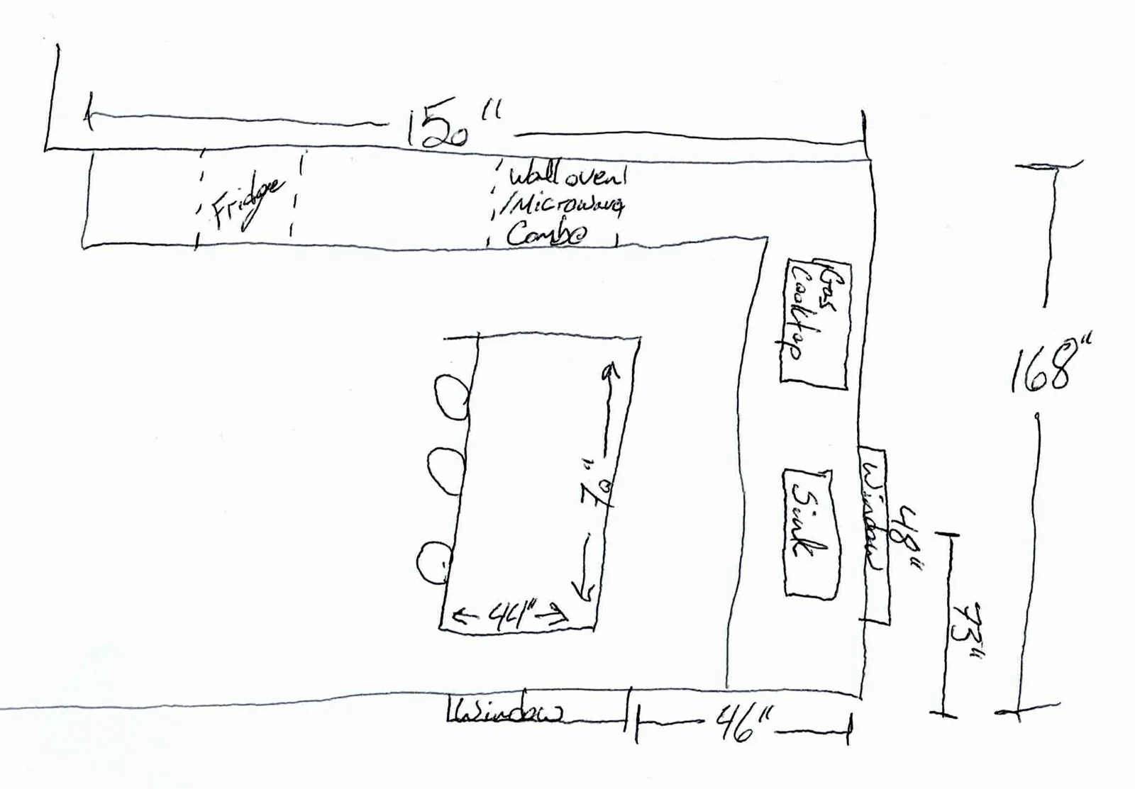 Hand-drawn customer kitchen measurement sketch: L-shaped kitchen with gas cooktop and island