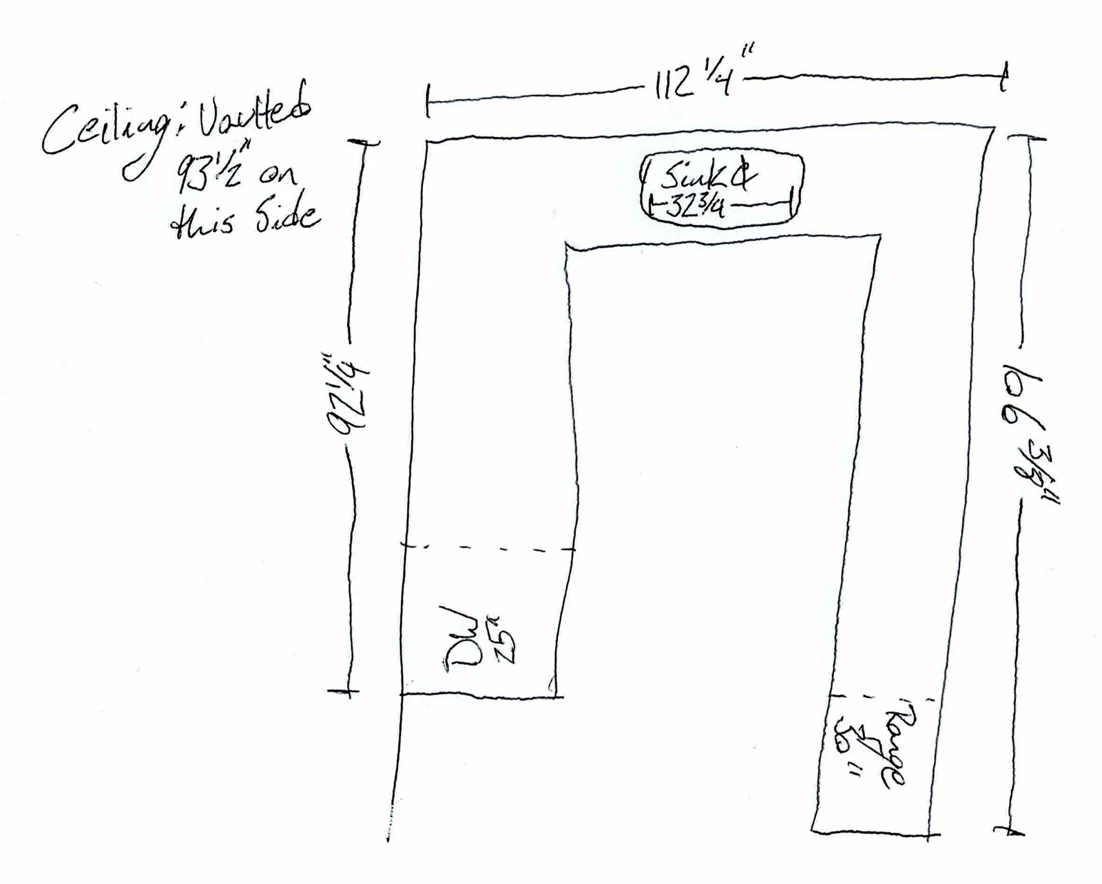Hand-drawn customer kitchen measurement sketch: U-shaped kitchen with vaulted ceiling note