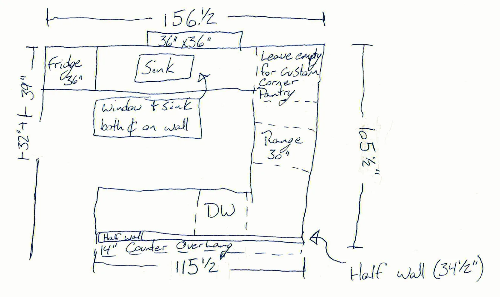 Hand-drawn customer kitchen measurement sketch: U-shaped kitchen with half wall and counter overhang