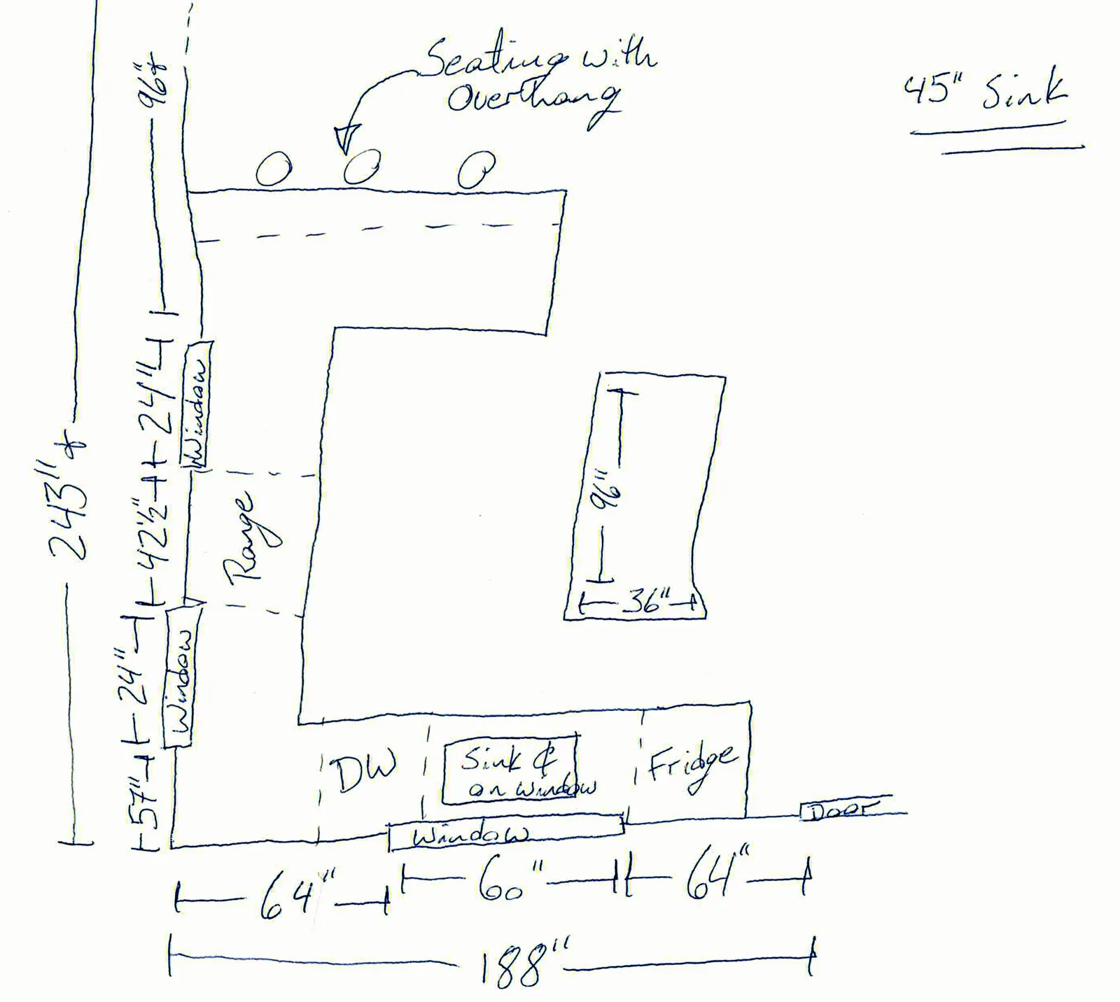Hand-drawn customer kitchen measurement sketch: Large kitchen with peninsula seating and island